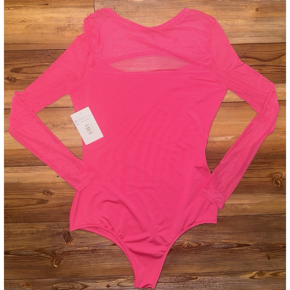 Bella Rae Boutique Bodysuit Womens Medium Hot Pink Mesh Long Sleeve Cutout